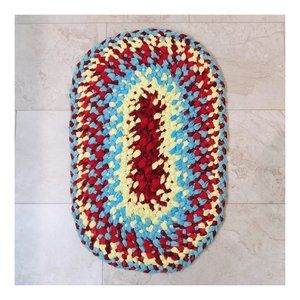 Yellow blue and red woven braided rag rug recycled fabric country farmhouse styl